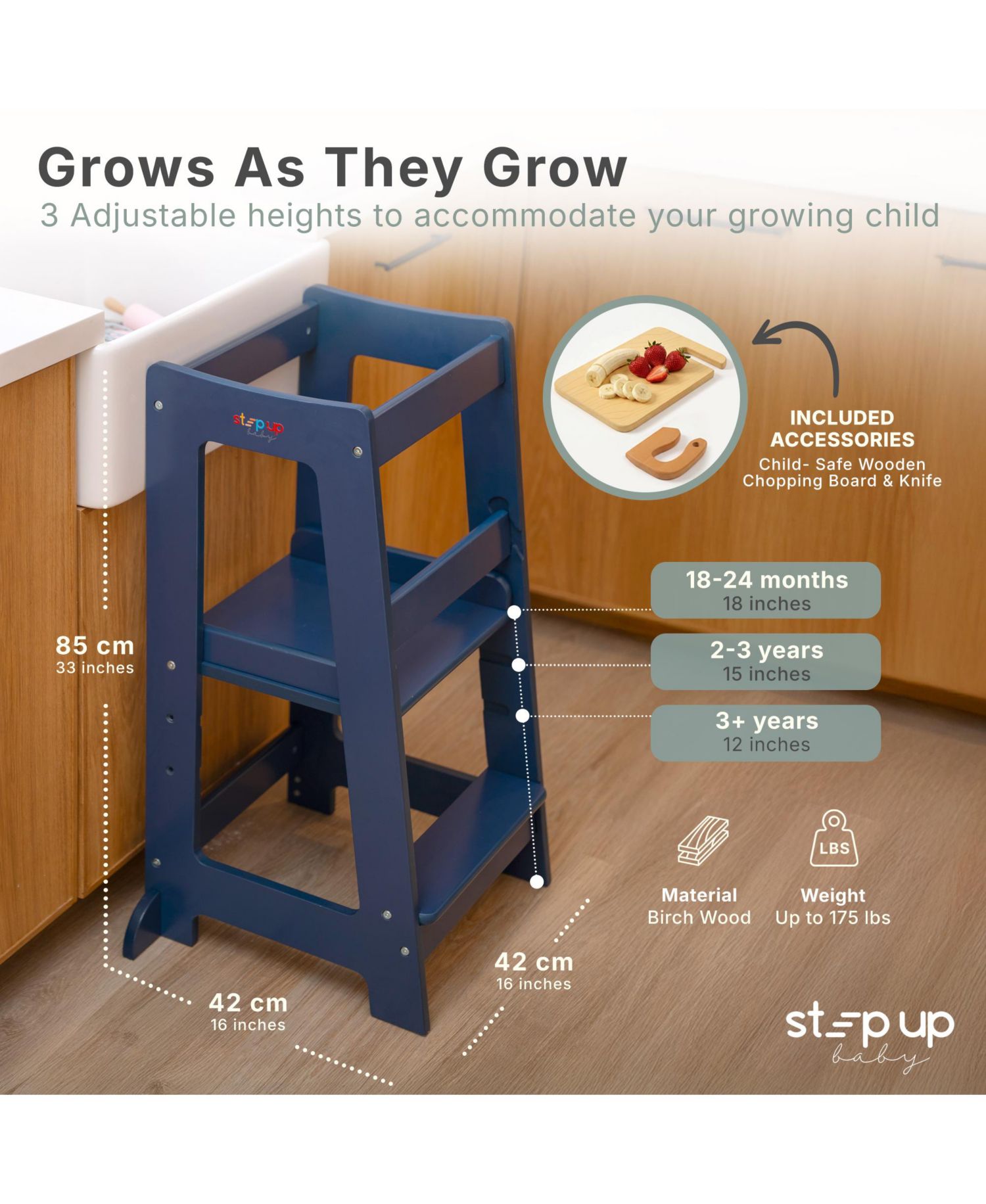 Toddler Tower Adjustable Height Wooden Step Stool for Kids Toddler Standing Tower and Child-safe Knife, Chopping Board for 18M-4Y