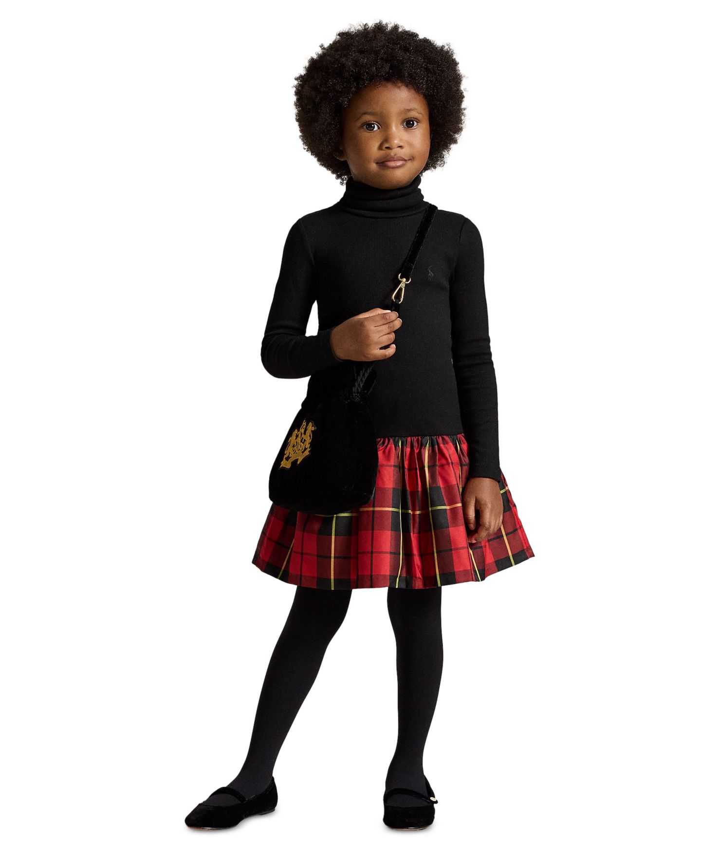 Платье Polo Ralph Lauren Plaid-Skirt Turtleneck Long-Sleeve Dress для девочек, цвет: Чёрный — фото 1