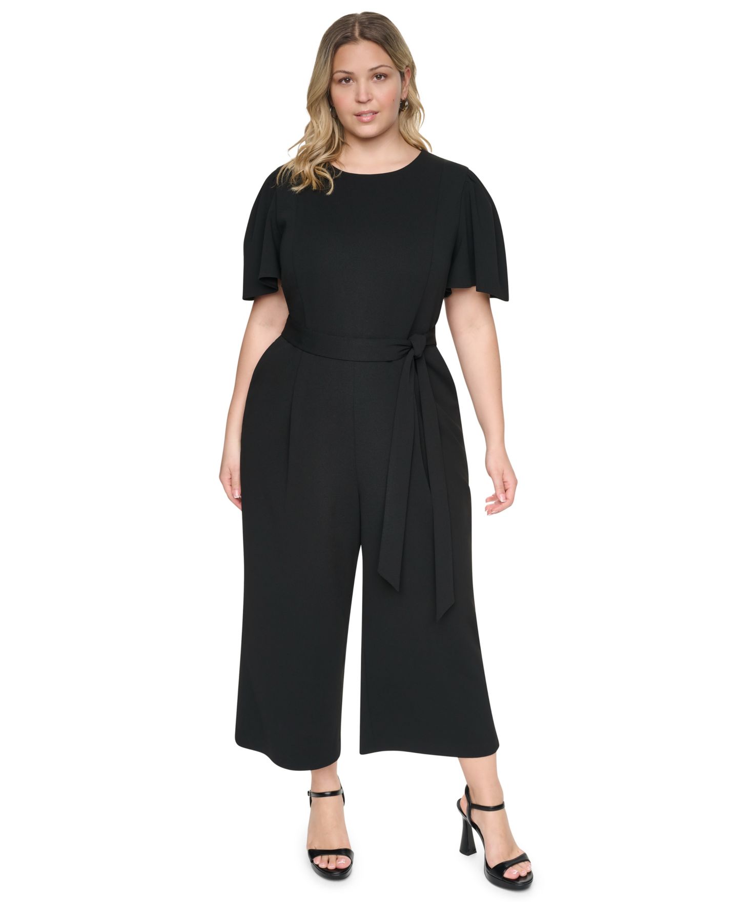 Женский комбинезон DKNY Plus Size Flutter Sleeve Wide-Leg Cropped Jumpsuit, цвет: Чёрный — фото 2