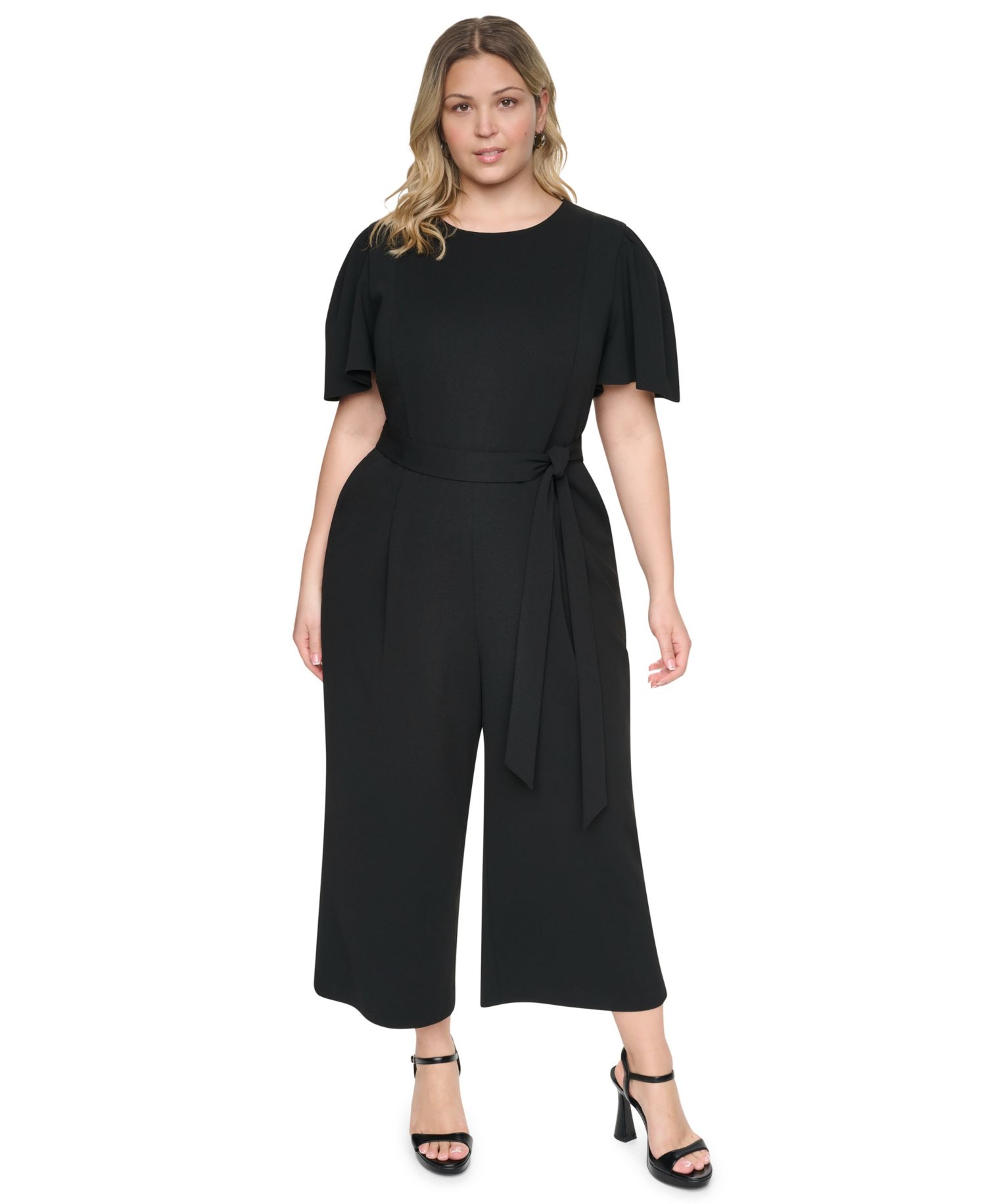 Plus Size Flutter Sleeve Wide-Leg Cropped Jumpsuit