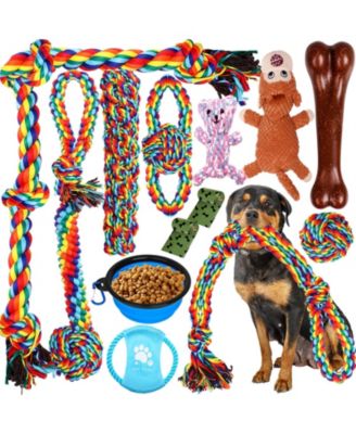 Dog Chew Toy Set For Aggressive Chewers Interactive Rope Stuffed Bone Travel Bowl