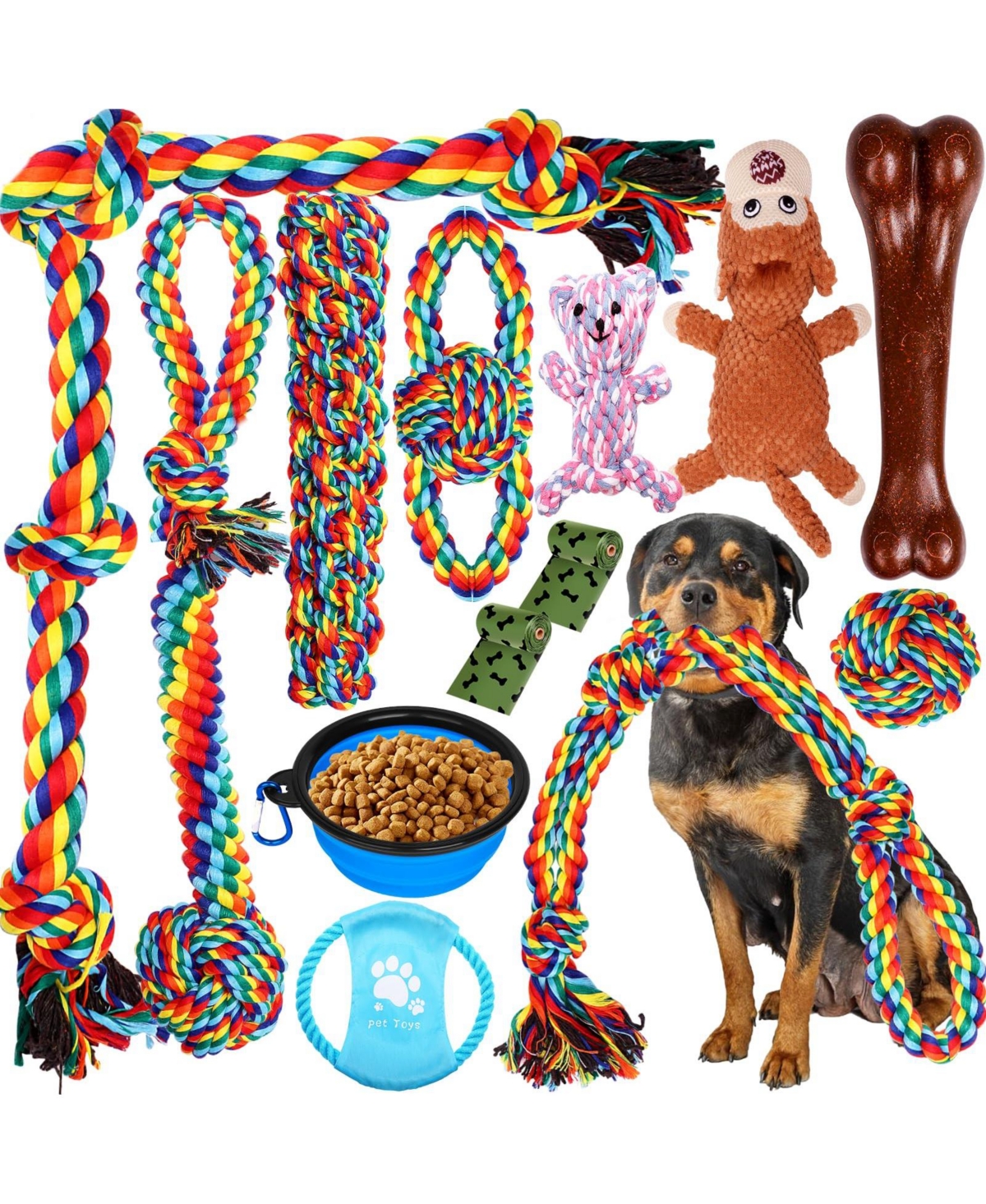 Magicorange Dog Chew Toy Set For Aggressive Chewers Interactive Rope Stuffed Bone Travel Bowl