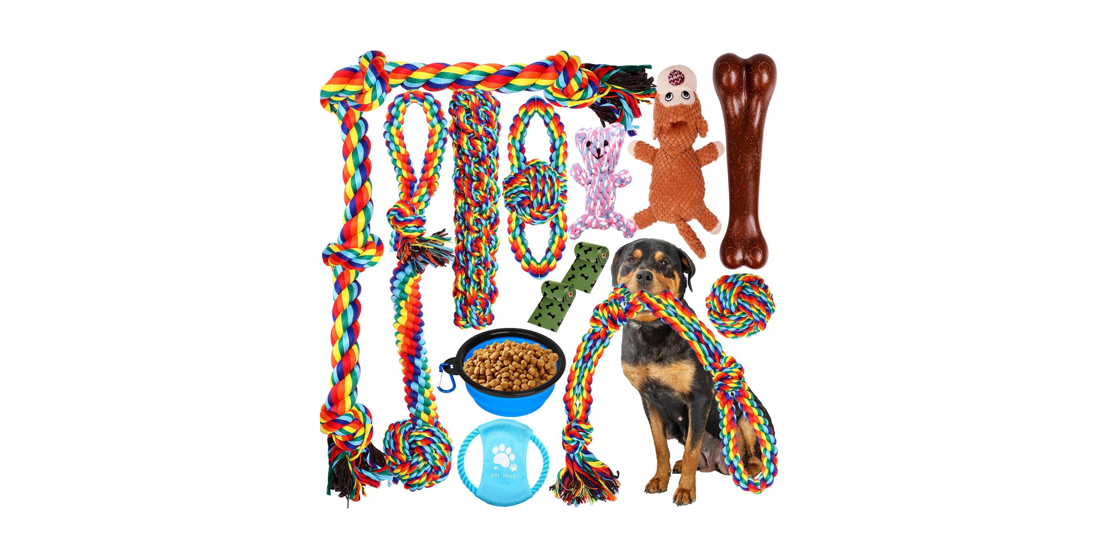 Magicorange Dog Chew Toy Set For Aggressive Chewers Interactive Rope Stuffed Bone Travel Bowl
