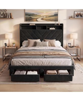 Soft Velvet Upholstered Platform Bed Frame With Charging Station And 2 Storage Drawers, 52 Inch Two Tier Storage Headboard, Easy Assembly