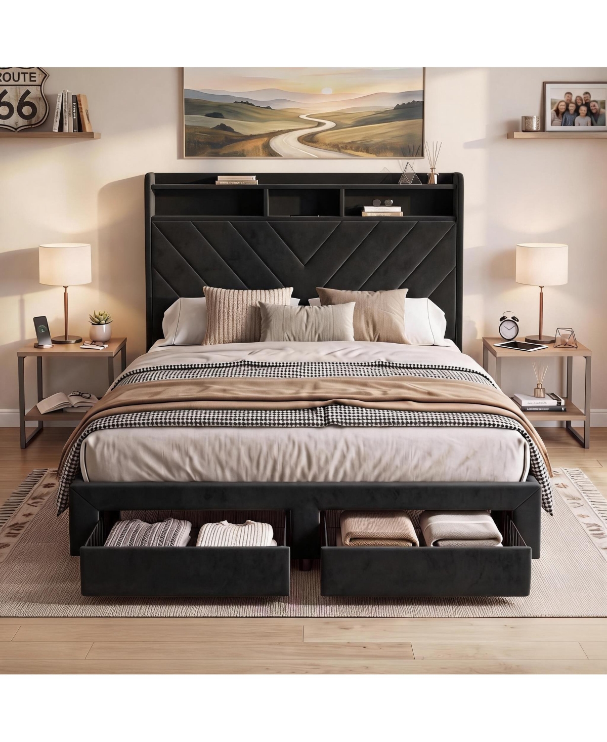 Gaomon Soft Velvet Upholstered Platform Bed Frame With Charging Station And 2 Storage Drawers, 52 Inch Two Tier Headboard