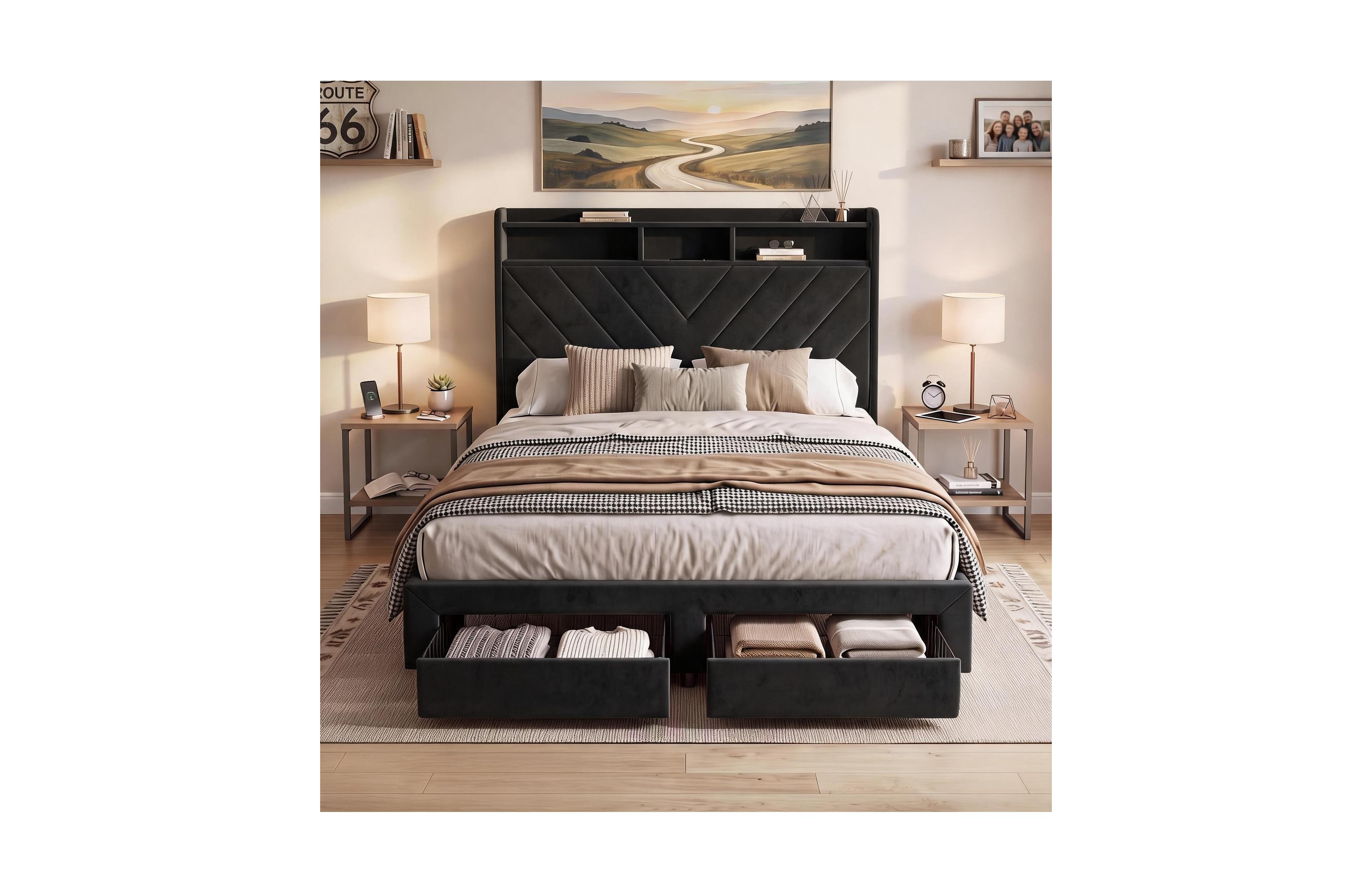 Gaomon Soft Velvet Upholstered Platform Bed Frame With Charging Station And 2 Storage Drawers, 52 Inch Two Tier Headboard