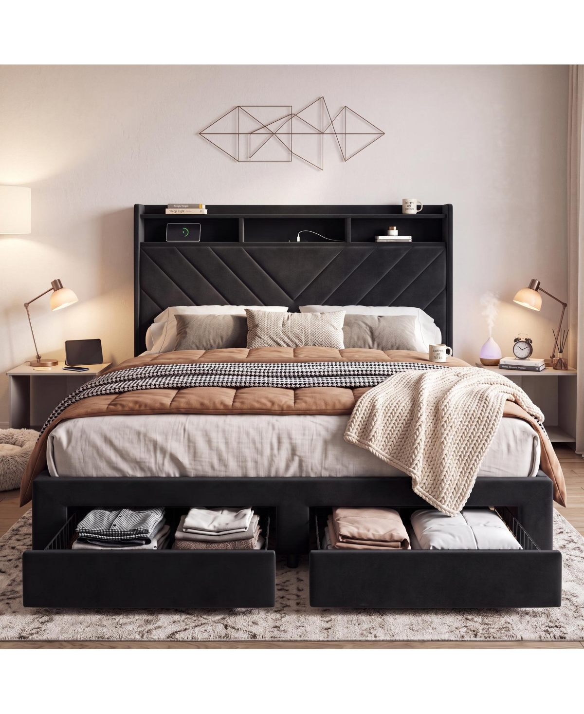 Gaomon Soft Velvet Upholstered Platform Bed Frame With Charging Station And 2 Storage Drawers, 52 Inch Two Tier Headboard