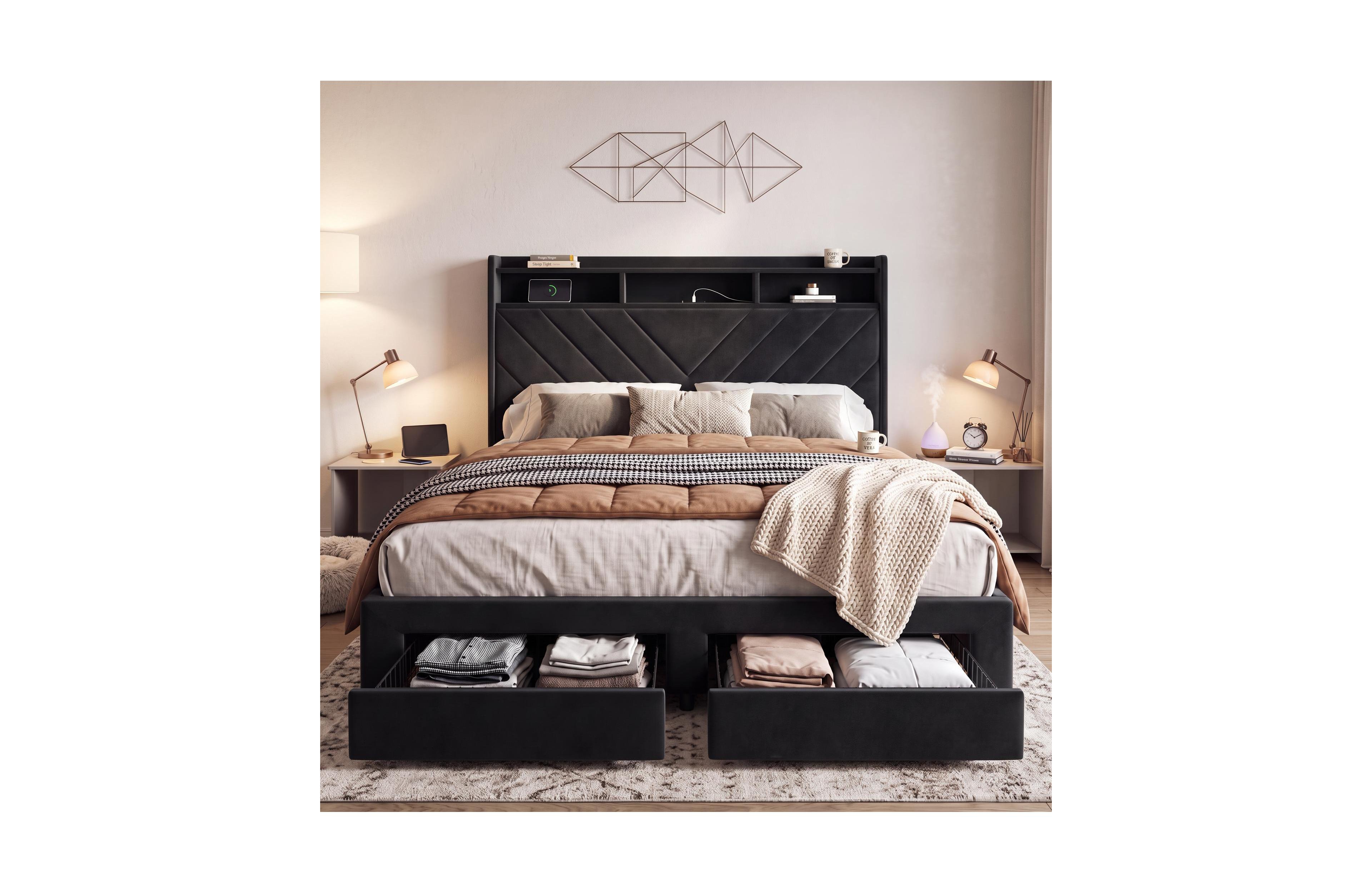Gaomon Soft Velvet Upholstered Platform Bed Frame With Charging Station And 2 Storage Drawers, 52 Inch Two Tier Headboard