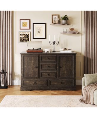  Farmhouse Sideboard Buffet Cabinet, Wood Finish with 5 Drawers and 2 Doors, Coffee Bar Storage Credenza for Dining Room Living Room Entryway