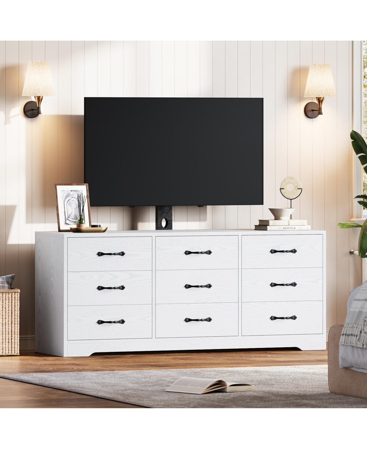 homfan Modern Tv Stand 55 Inch Engineered Wood with Mount 9 Drawers for TVs Up to 85 Inch Living Room