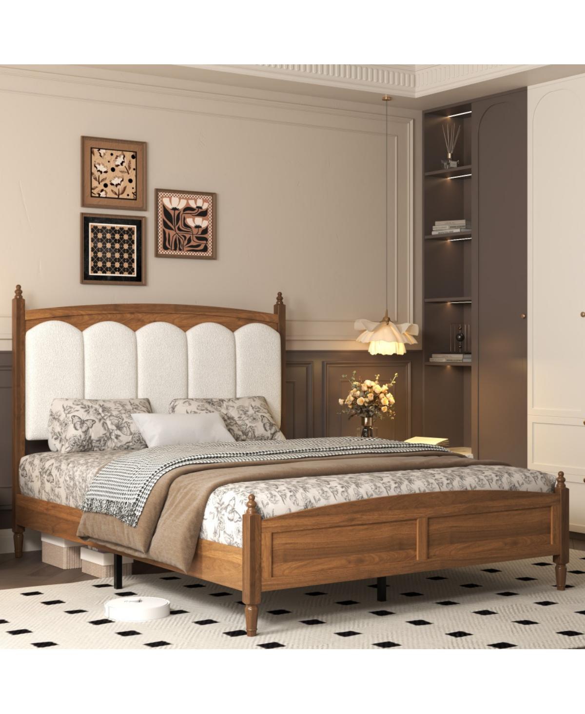 Rainsken Mid-Century Platform Bed Frame with Upholstered Headboard, No Box Spring Needed, Easy Assembly, Vintage Farmhouse Bed for Bedroom Guest Room