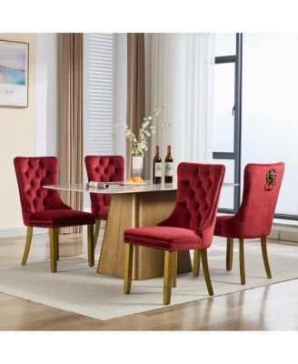 Lion Head Pull Ring Dining Chair Set of 4, Tufted Upholstered, Solid Wood Frame and Legs, Nailhead Trim, High Back