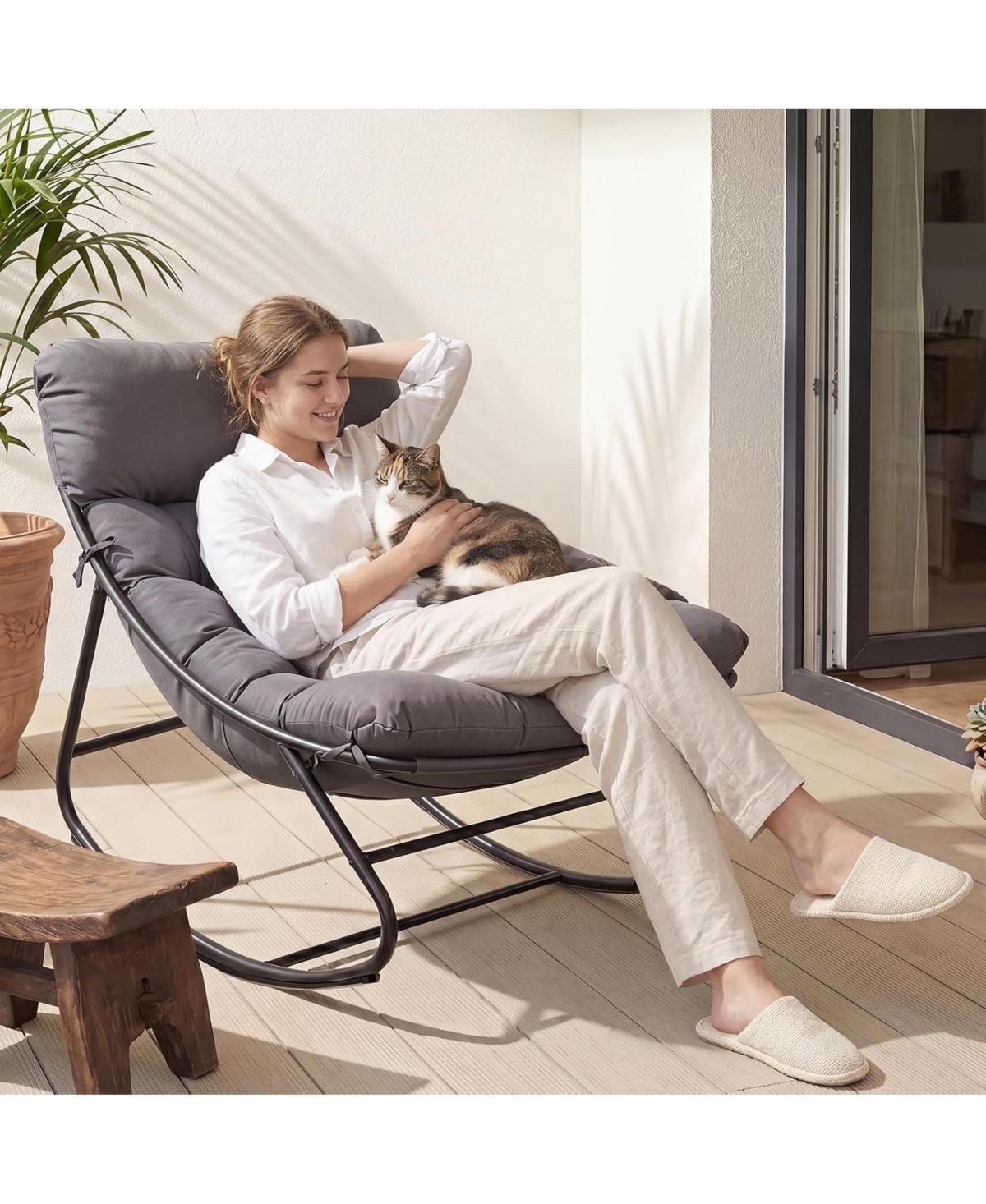 Aoxun Oversized Outdoor Rocking Chair with Ottoman, Wide Lounge Chair with Thick Cushion for Porch Garden