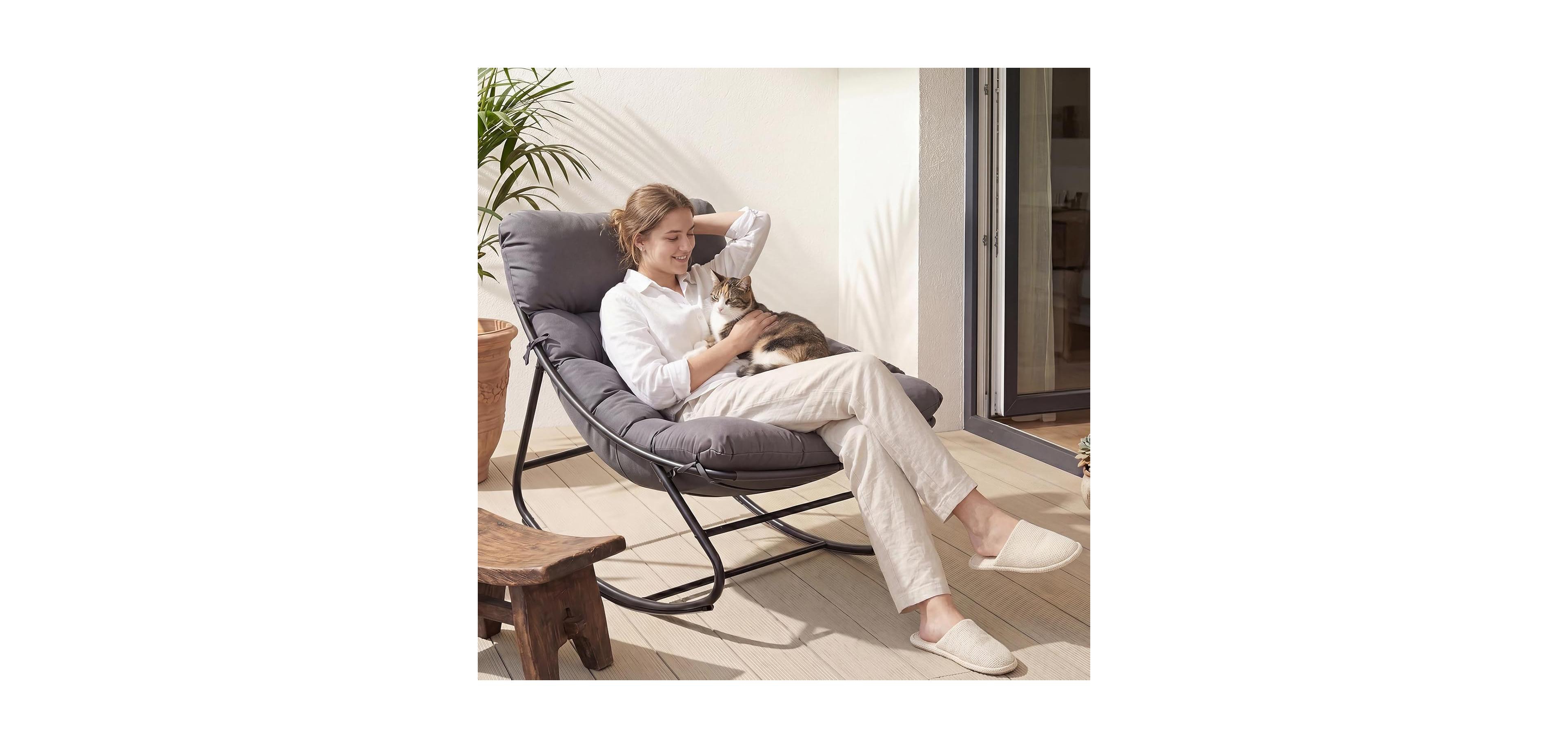 Aoxun Oversized Outdoor Rocking Chair with Ottoman, Wide Lounge Chair with Thick Cushion for Porch Garden