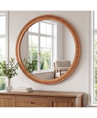 30" Round Farmhouse Wall Mirror with Beaded Wood Frame Brown Rustic Decorative Mirror