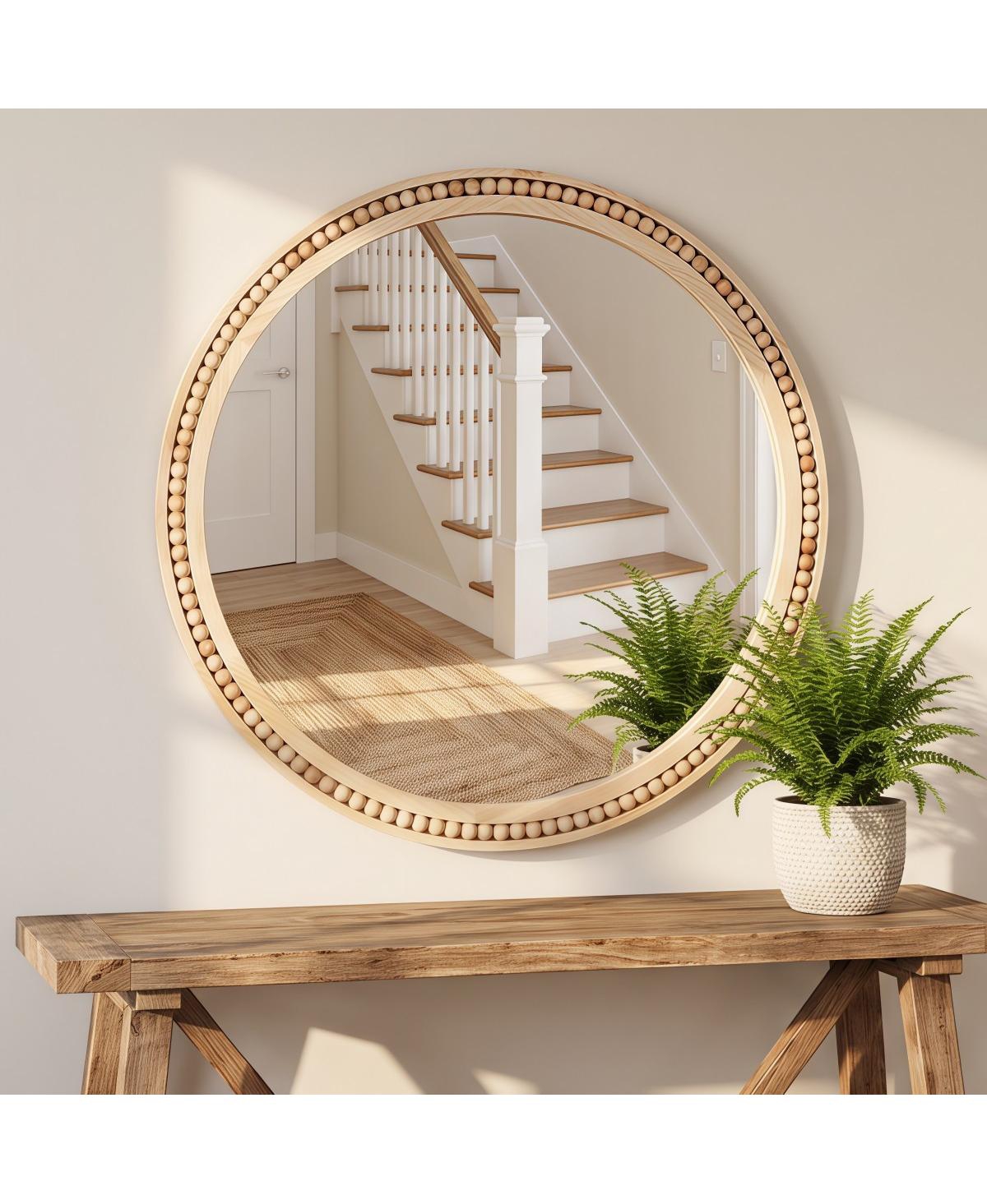 Laoties 30" Round Farmhouse Wall Mirror with Beaded Wood Frame Brown Rustic Decorative Mirror - Natural