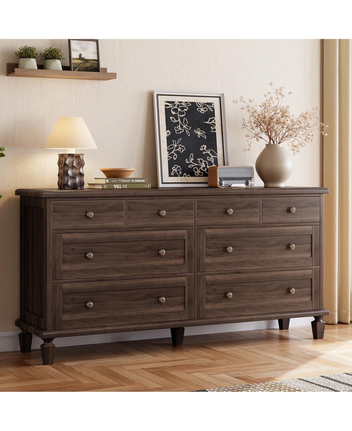 homfan 8 Drawer Vintage Dresser, Wide Wooden Chest of Drawers with Solid Legs, Large Storage Organizer for Bedroom, Living Room, Entryway - Brown