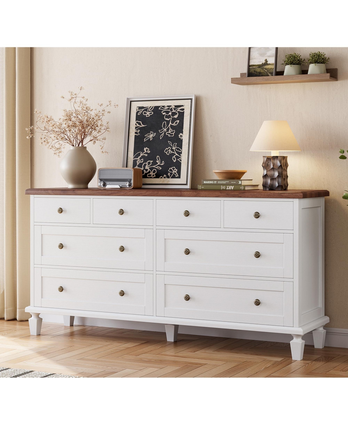 homfan 8 Drawer Vintage Dresser, Wide Wooden Chest of Drawers with Solid Legs, Large Storage Organizer for Bedroom, Living Room, Entryway - White