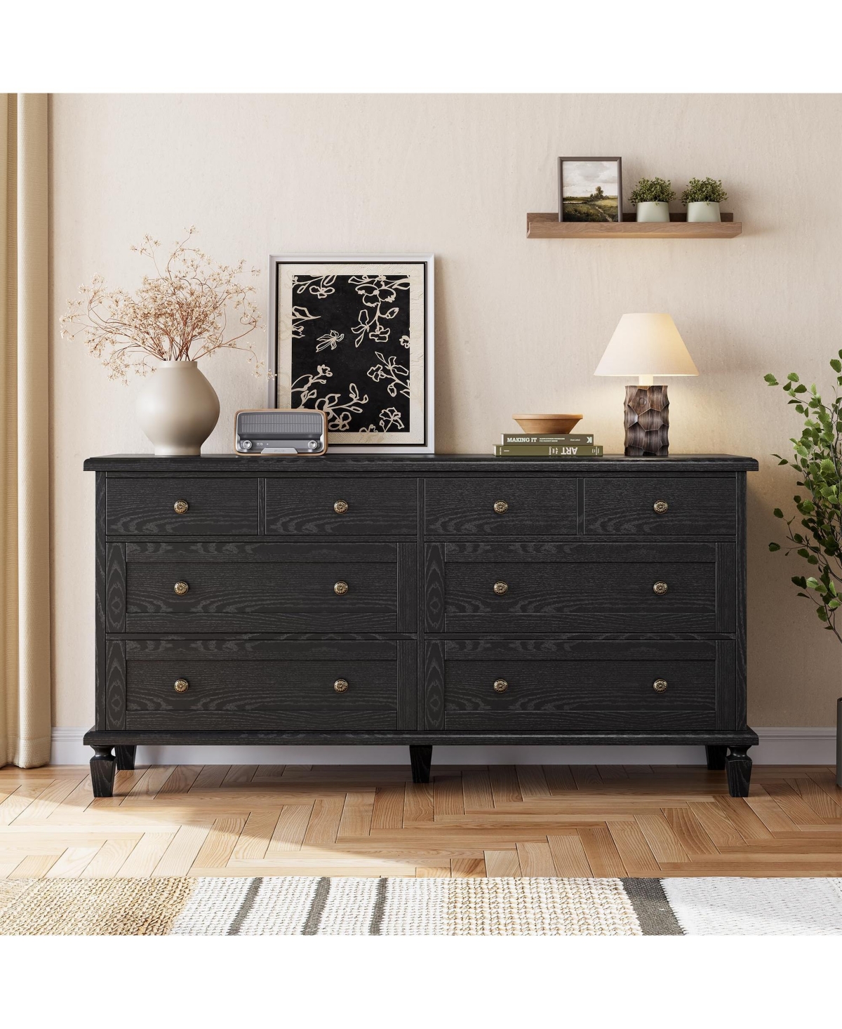 homfan 8 Drawer Vintage Dresser, Wide Wooden Chest of Drawers with Solid Legs, Large Storage Organizer for Bedroom, Living Room, Entryway - Black