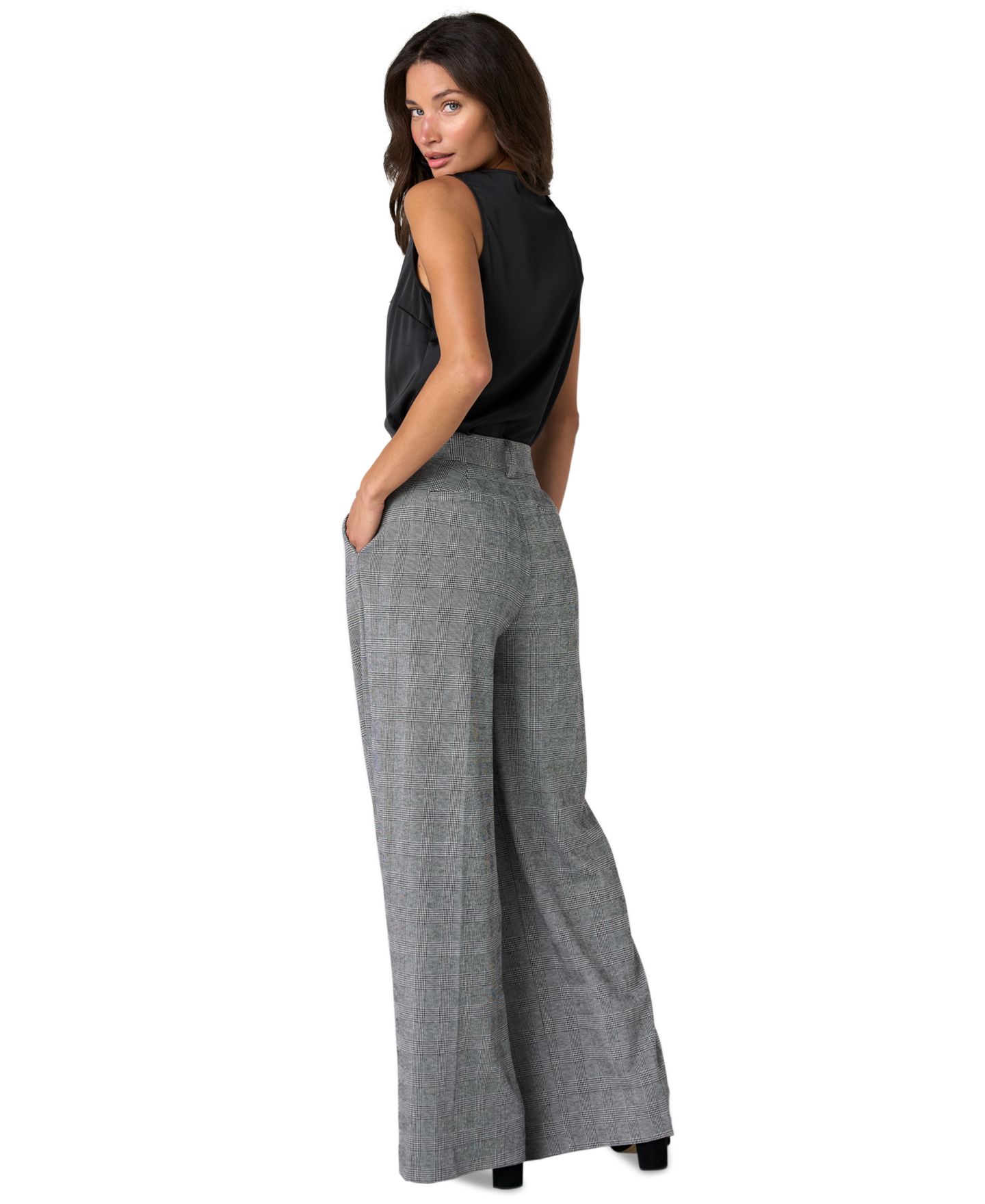 Женские брюки Liverpool Los Angeles Petite Brooke Glen Plaid High-Waisted Wide-Leg, цвет: Чёрный / Белый — фото 5