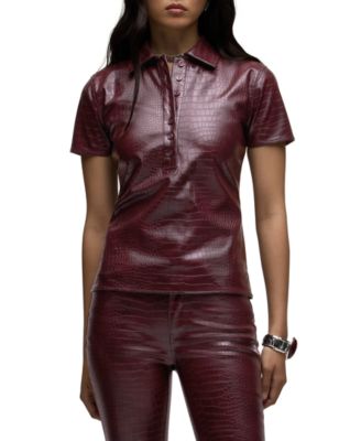 Women's Faux Leather Short-Sleeve Polo Top