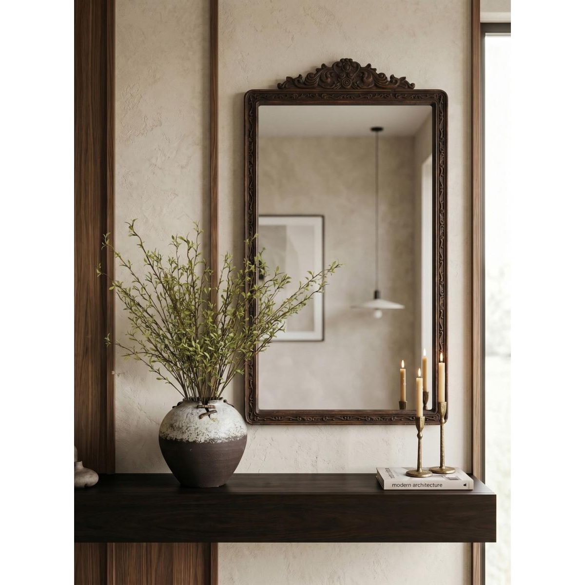 Laoties 27" x 48" Antique Wall Mirror with Carved Floral Crest Wood Decorative Mirror