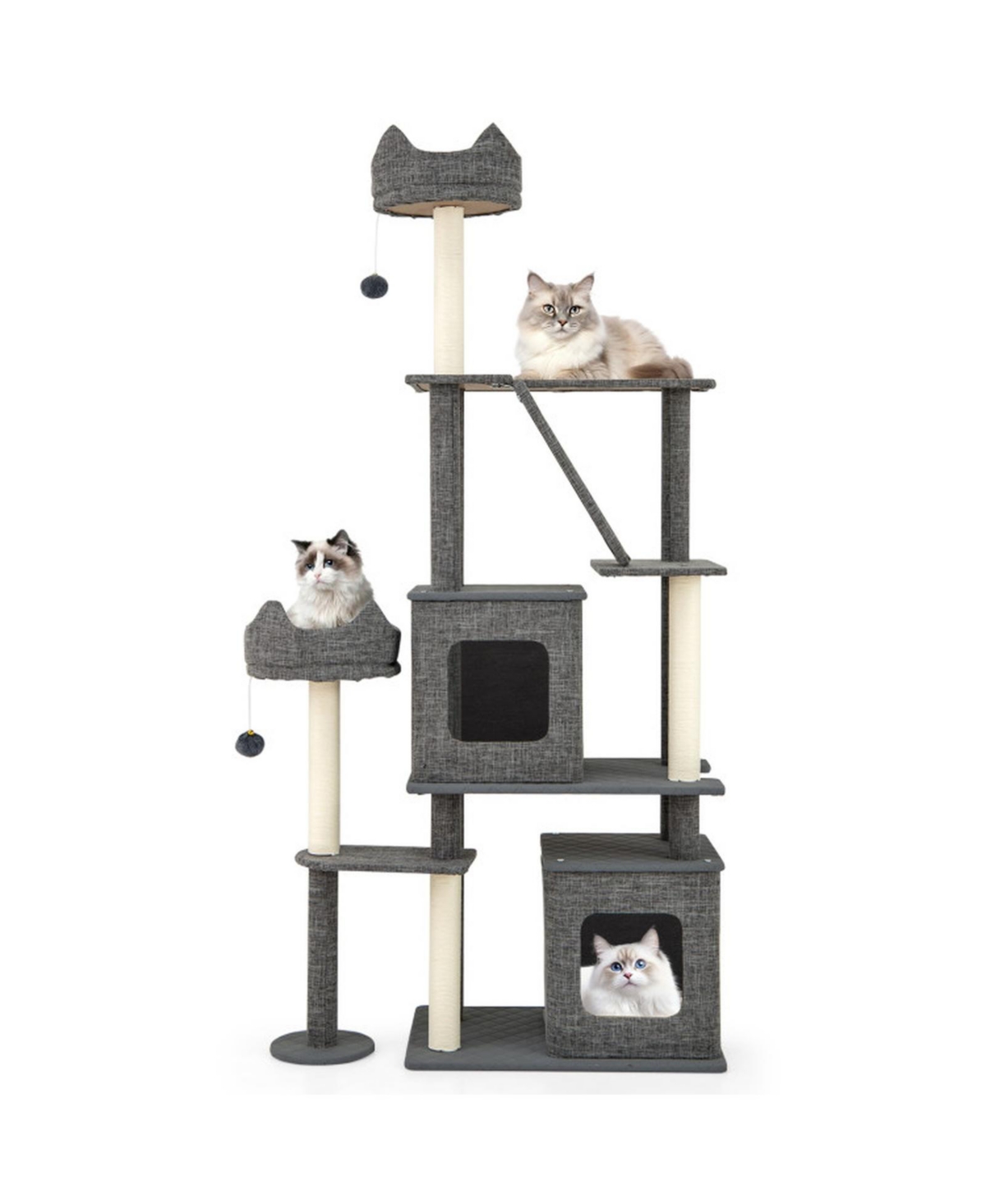 Sugift 71 Inch Tall Cat Tower with 2 Condos Side Bed 4 Scratching Posts and Sisal Ladder - Grey