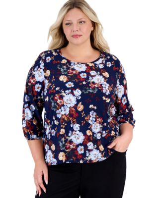 Plus Size Floral Shoulder-Button 3/4-Sleeve Blouse