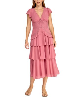 Juniors' Lace Trim Tiered Midi Dress