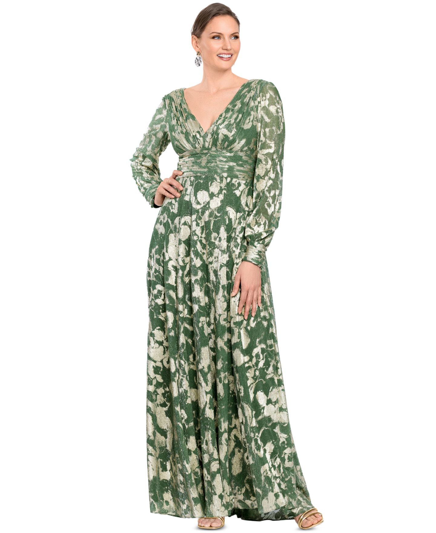 Женское платье Betsy & Adam Long-Sleeve V-Neck Metallic Floral Gown, цвет: Золотой — фото 3