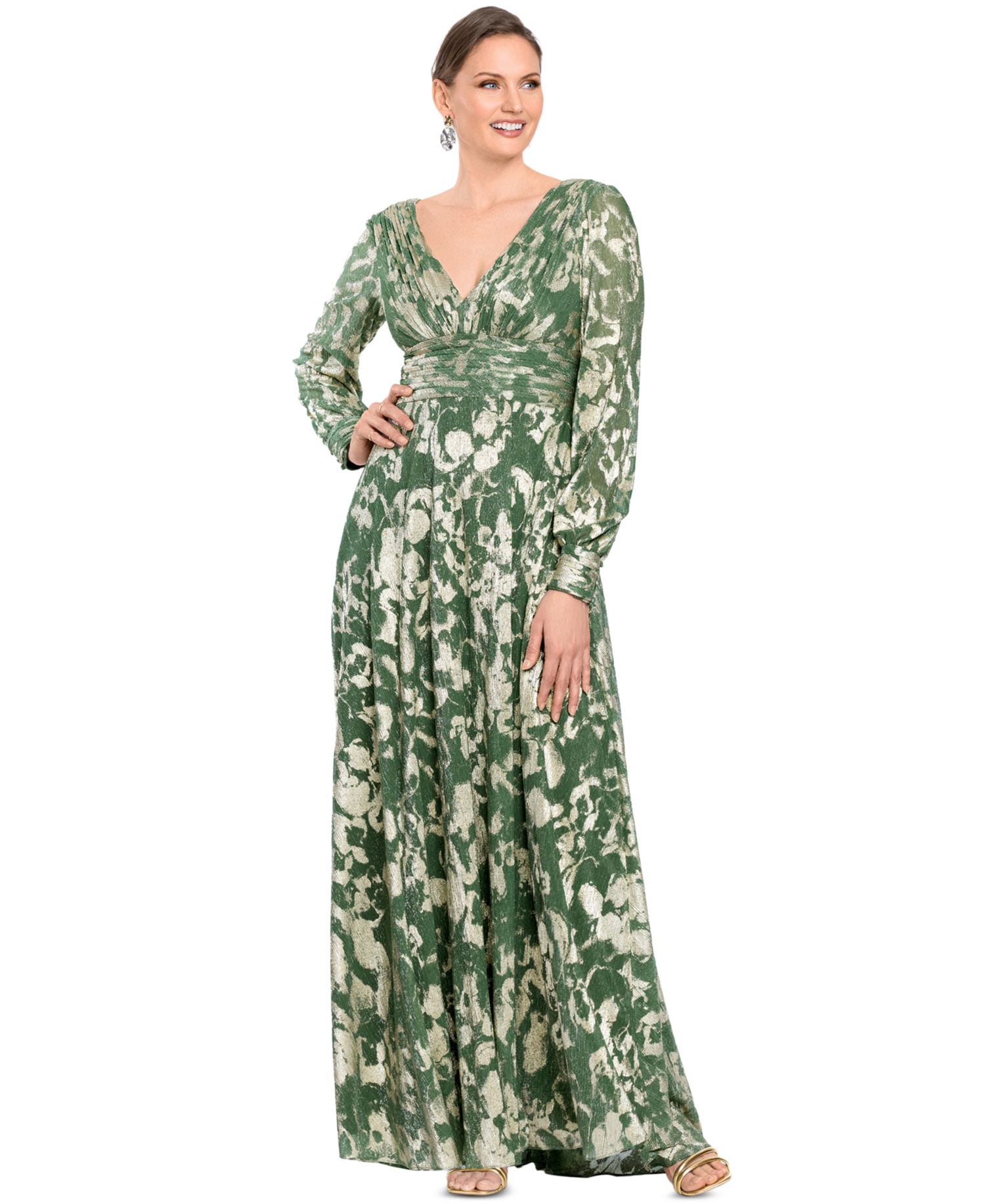 Women's Long-Sleeve V-Neck Metallic Floral Gown