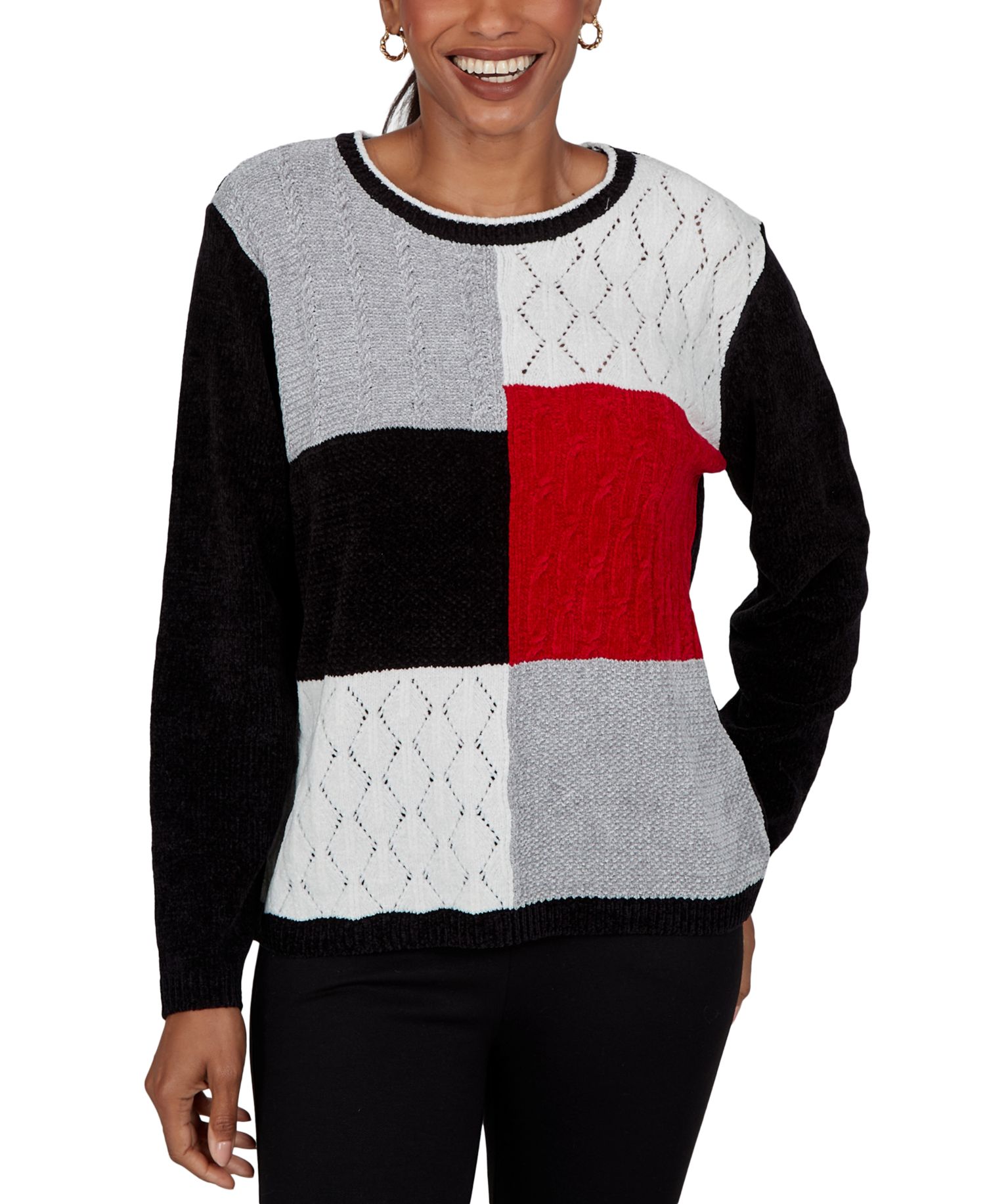 Women's Sweatr Cable-Knit Colorblock Crewneck Long-Sleeve Pullover