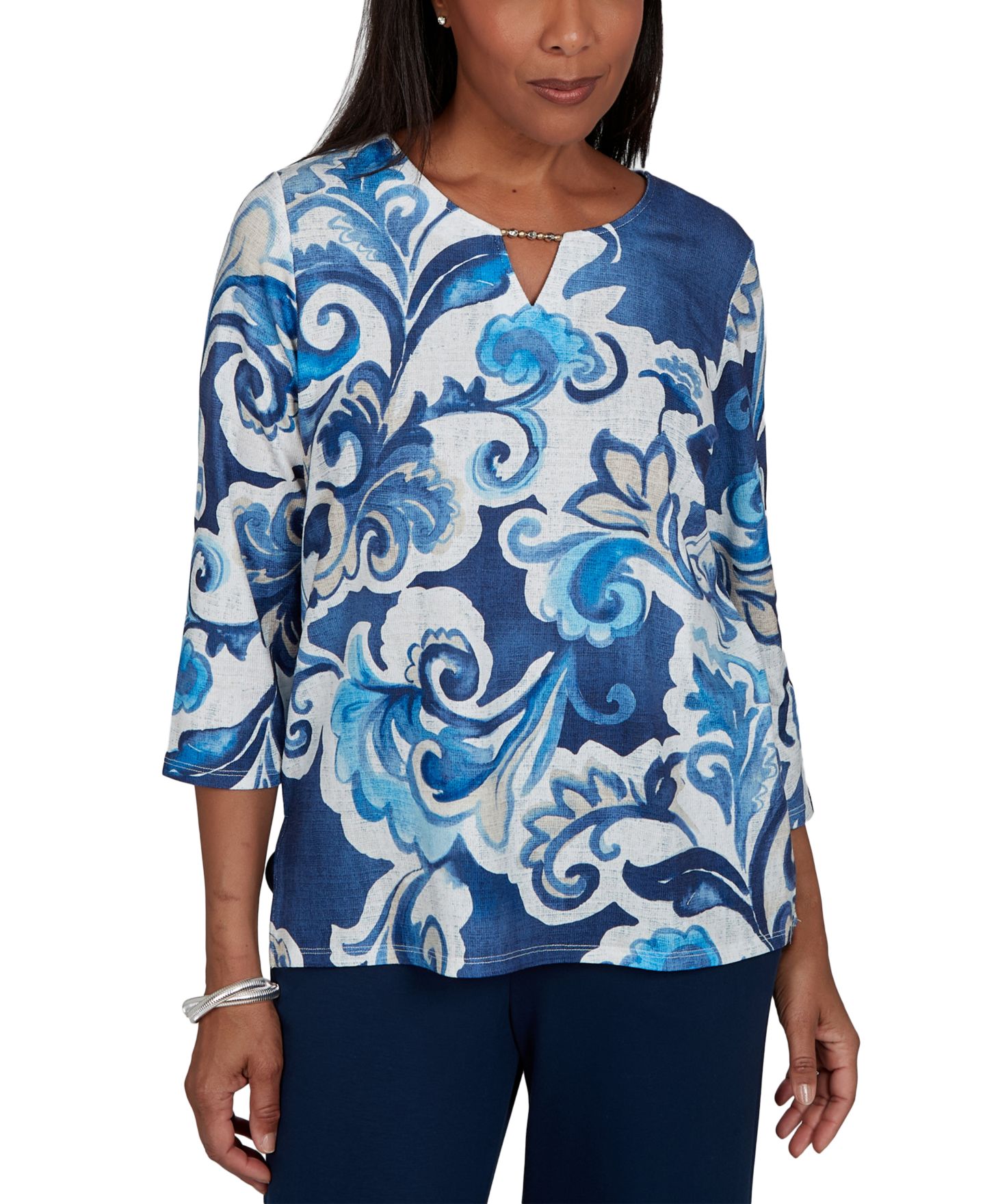 Женский топ Alfred Dunner Petite Keyhole Neck 3/4-Sleeve Knit, цвет: Чернильный — фото 1