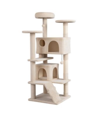 52 Inch Cat Tower with 2-Door Cave Single-Door Cave 2 Round Platforms and Sisal Posts
