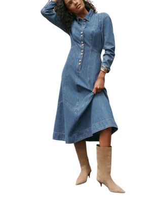 Women's Denim Midi Classic Colllar Shirt Dress