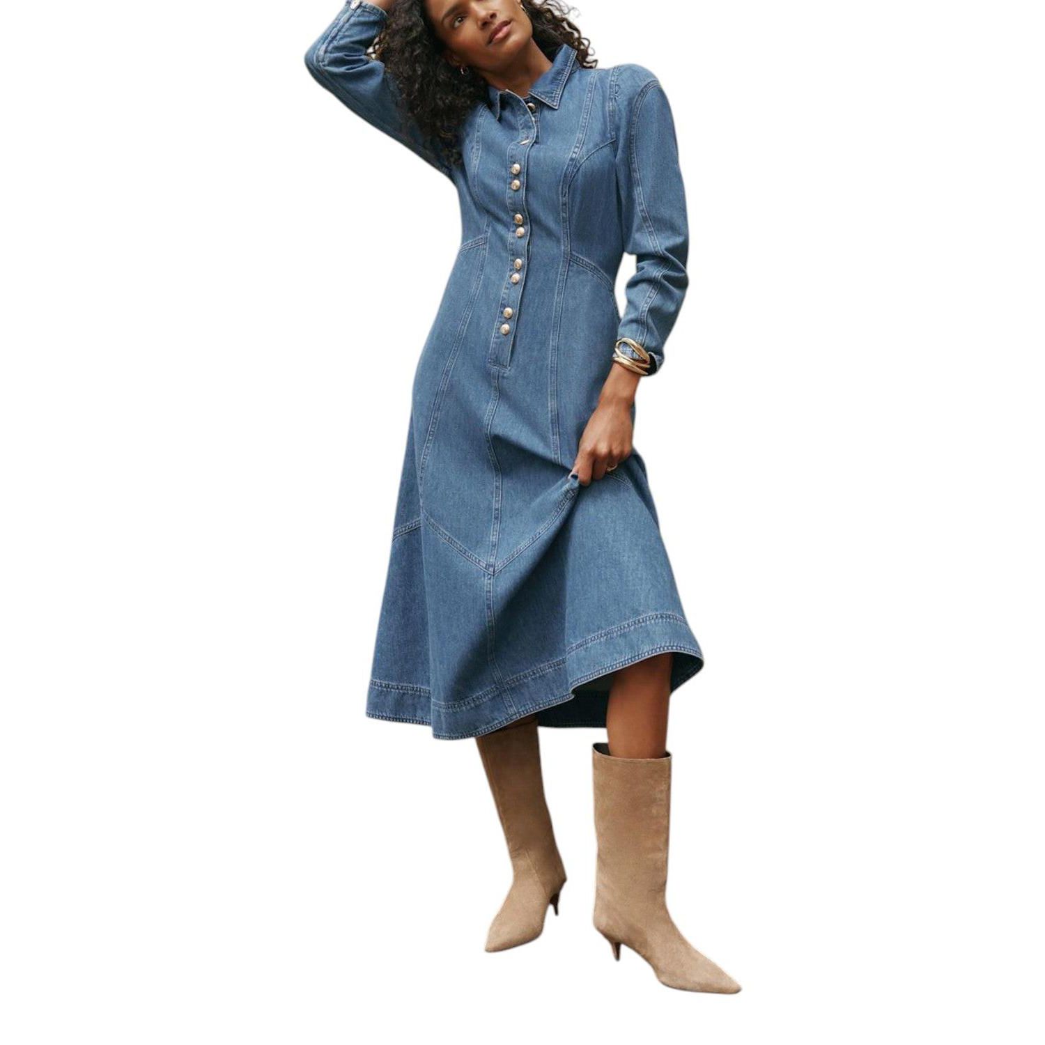 Women's Denim Midi Classic Colllar Shirt Dress