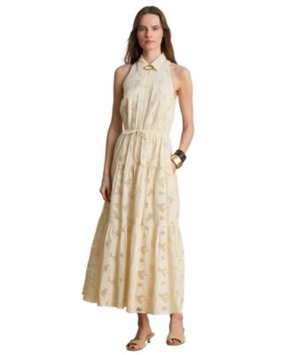 Women's Spread Collar Floral-Eyelet Voile Tiered Shirt-Dress