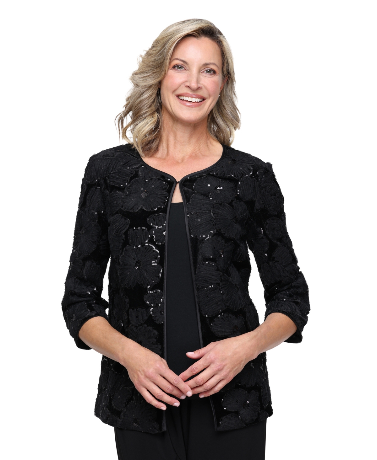 Alex Evenings Women's 3/4-Sleeve Sequin Velvet Mock Twinset