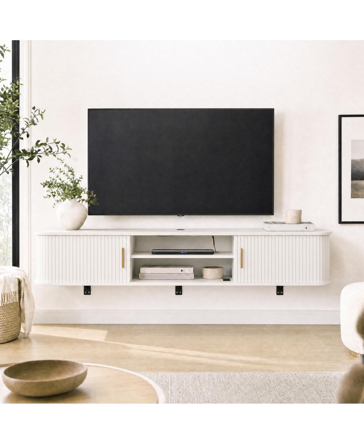 homfan 70" Floating Tv Stand for Tvs Up to 80", Fluted Entertainment Center, Power, Mid-Century Modern TV Console with/Sliding Door for Living Room -