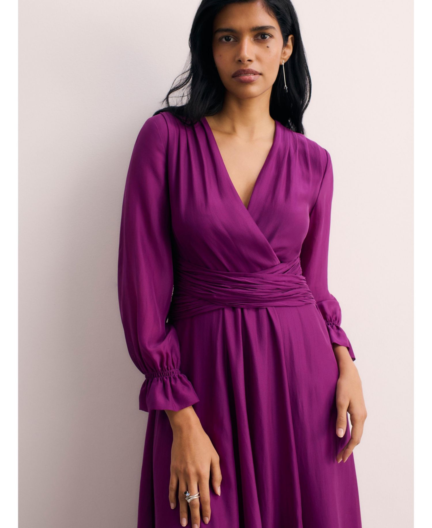 Women's Sculpted Silk Long-Sleeve V-Neck Ruched-Waist Wrap Midi Dress