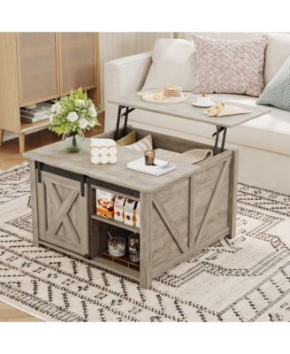 Lift Top Coffee Table With Storage, 31.5'' Square Farmhouse Coffee Table, Barn Door, Adjustable Shelves, Hidden Storage, For Living Room