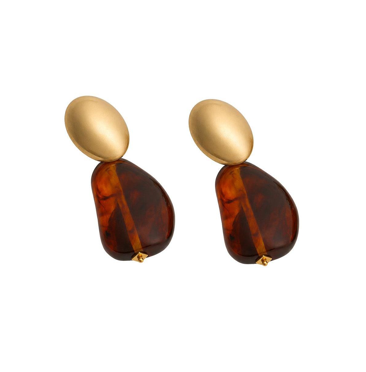 Sohi Gold-Tone Tortoiseshell-Tone Acrylic Pebble Oval Stud Drop Earrings