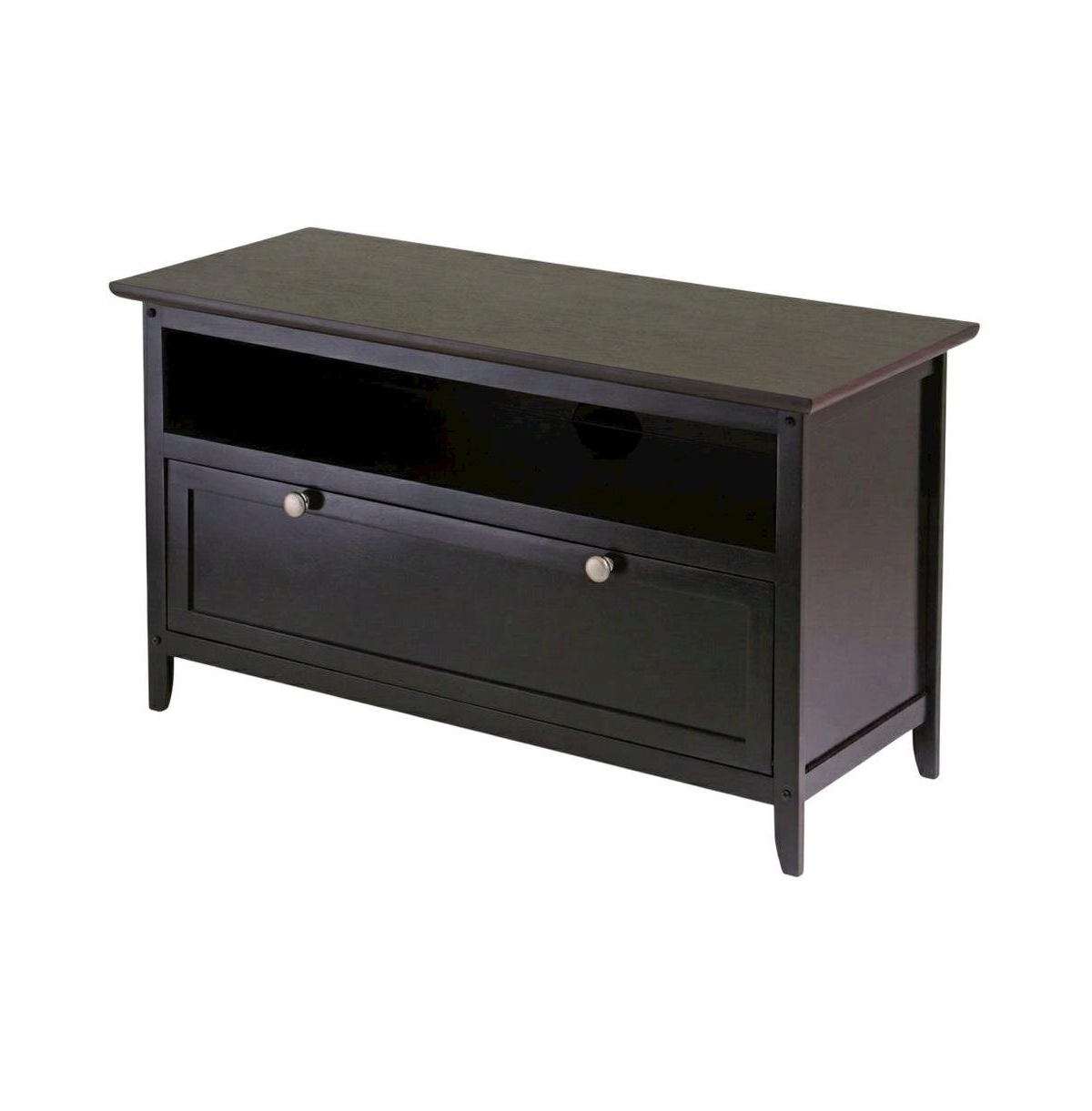 FurniFact Dark Espresso Wooden Tv Stand With Storage Shelf And Pull Down Cabinet