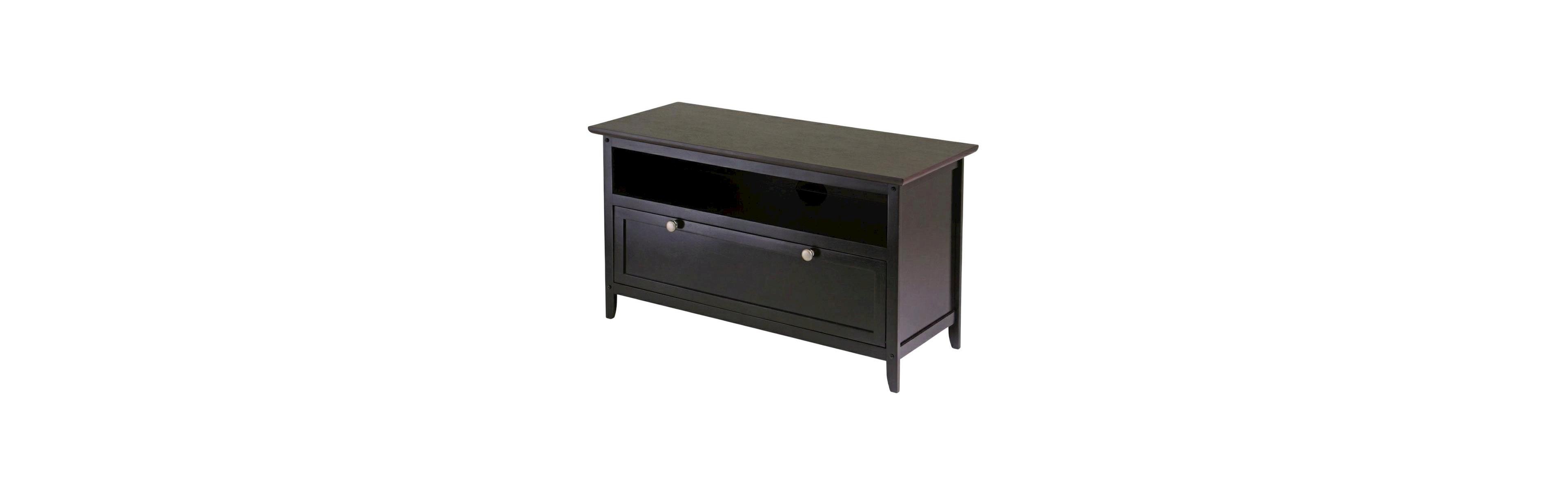 FurniFact Dark Espresso Wooden Tv Stand With Storage Shelf And Pull Down Cabinet