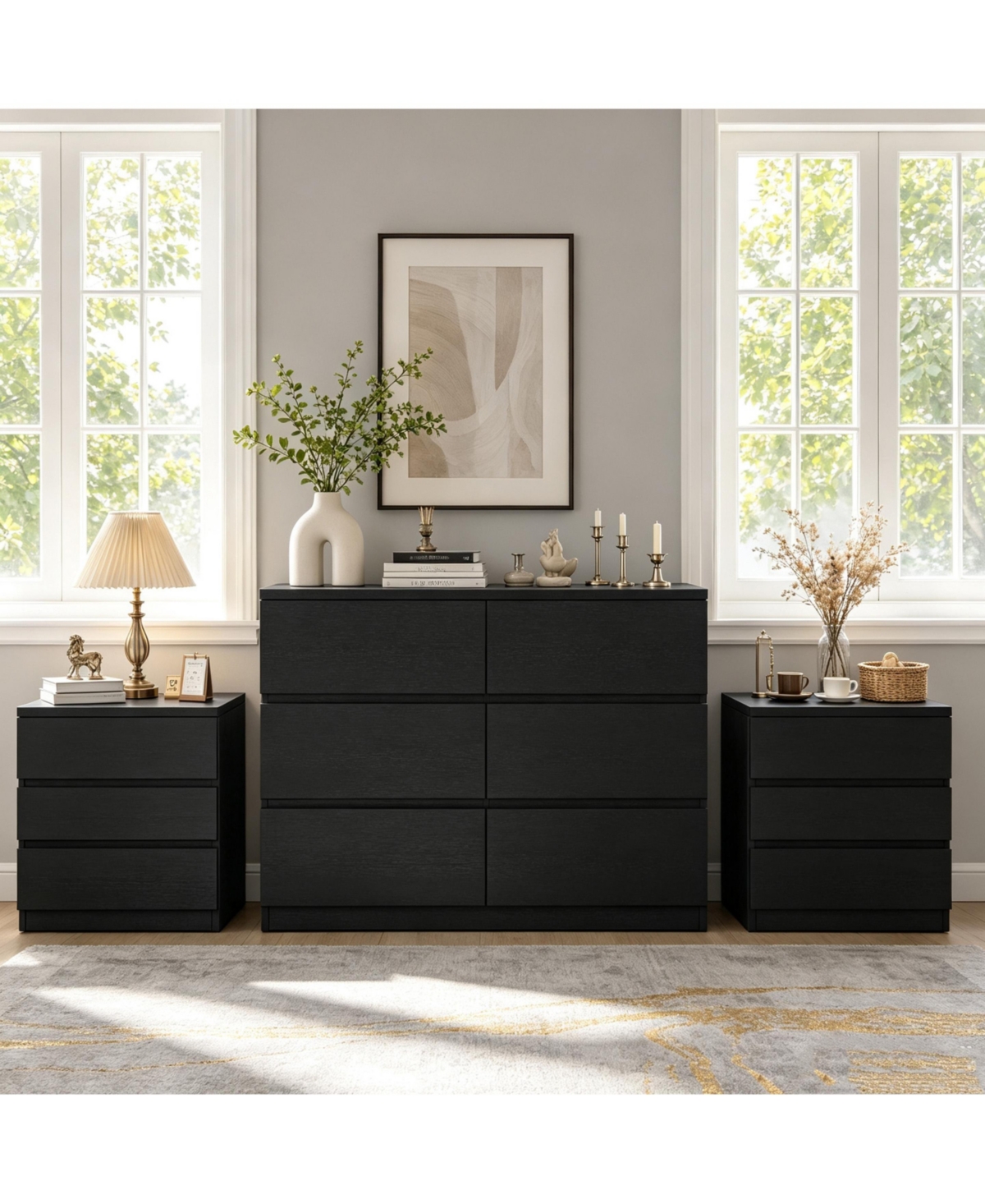 homfan Modern 6-Drawer Dresser + 2-Piece 3-Drawer Nightstand Set - Mdf Chest of Drawers with Smooth Versatile Bedroom Furniture