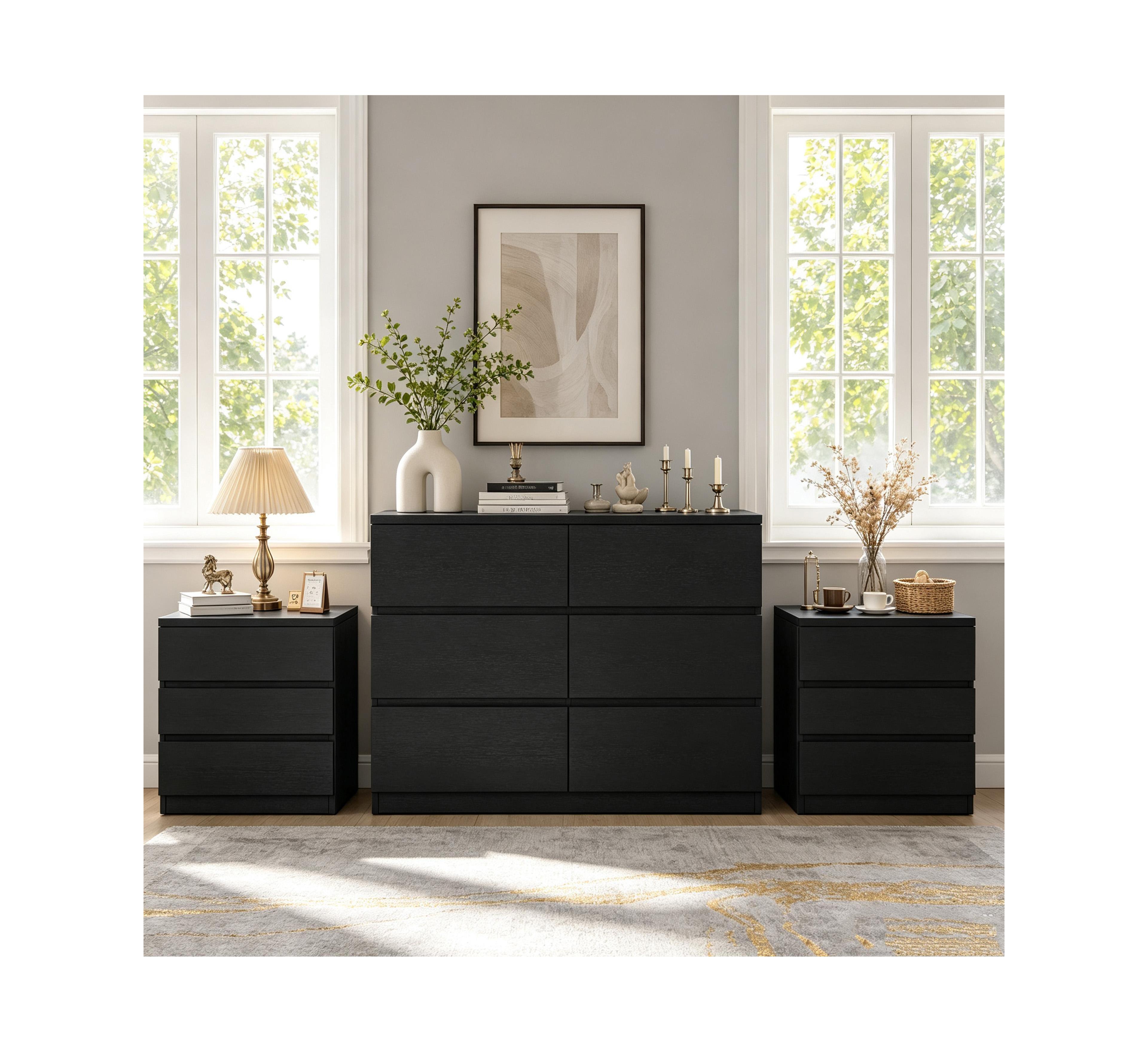 homfan Modern 6-Drawer Dresser + 2-Piece 3-Drawer Nightstand Set