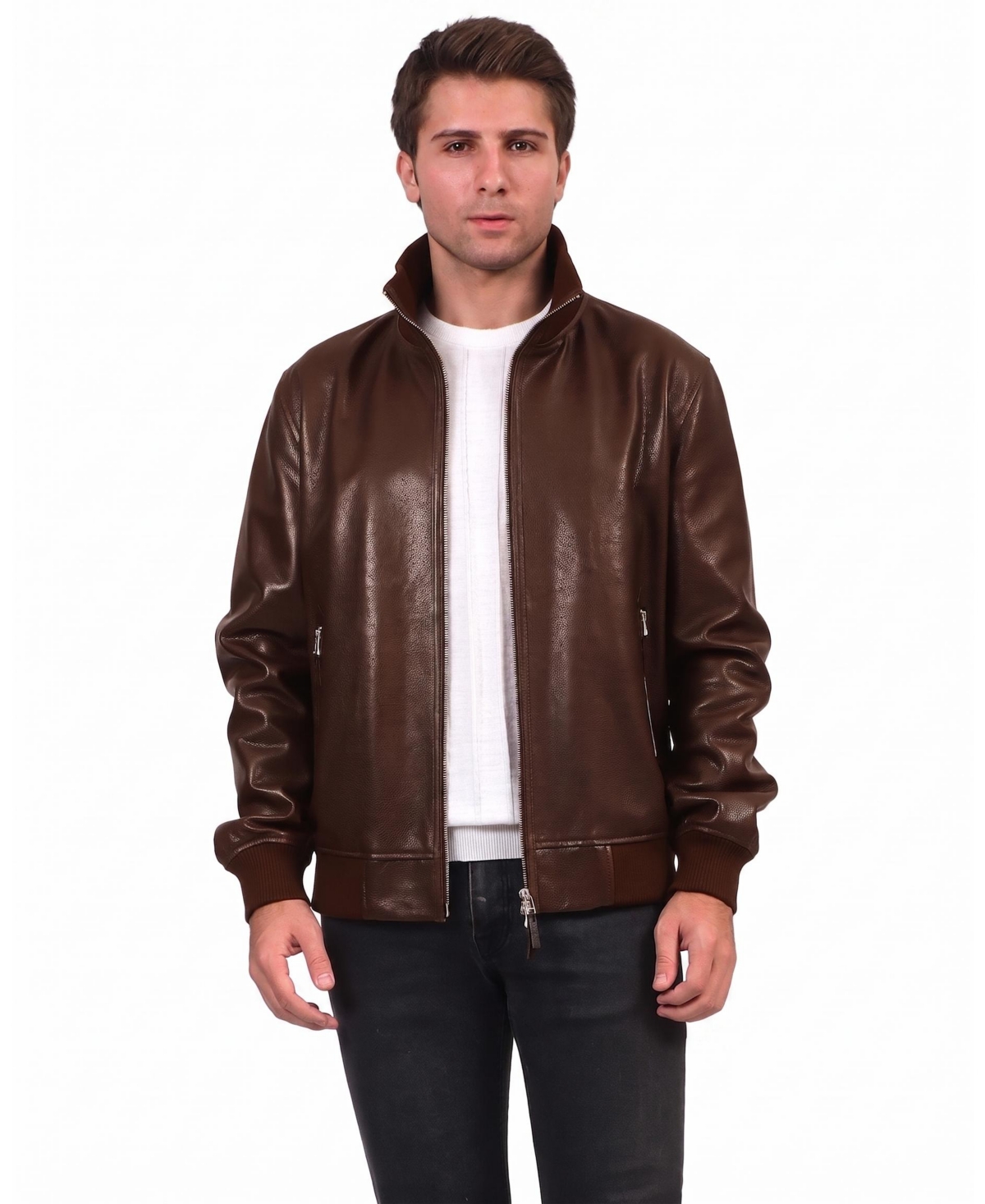 Men's Leather Jacket, Black, Created for Macy's - Brown