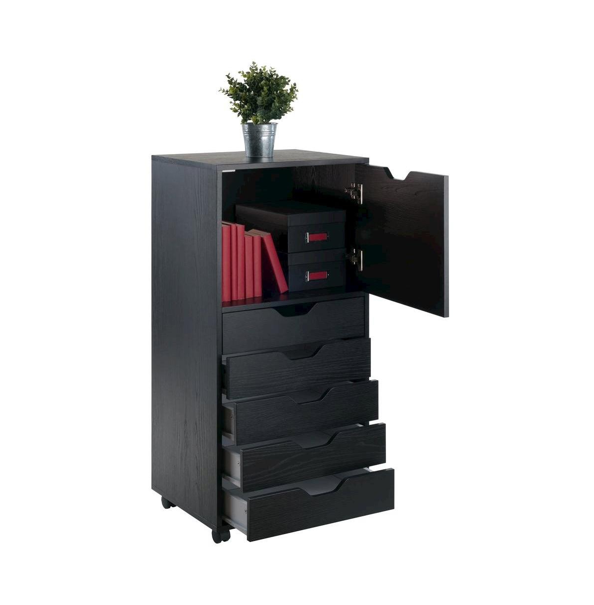 FurniFact Composite Wood Home Office Floor Cabinet with Drawers and Locking Casters - Black