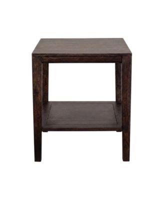 Solid Sheesham Wood End Table with Industrial-Style Open Shelf for Living Room