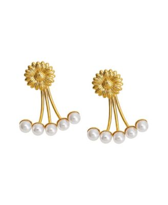 Women's Gold-Tone Faux Pearl Daisy-Flower Statement Fringe Earrings